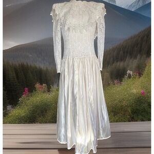 Jessica McClintock Wedding Gown Wms 9 Ivory Lace Satin Vintage 80s Bridal Gown